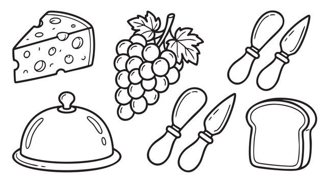 cheese and bread coloring page illustration with grapes, knife