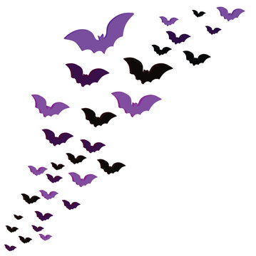  A vector illustration of a swarm of bats flying upwards, featuring a mix of purple and black bat silhouettes in various sizes against a clean white background, perfect for HalloweenArt & Illustration