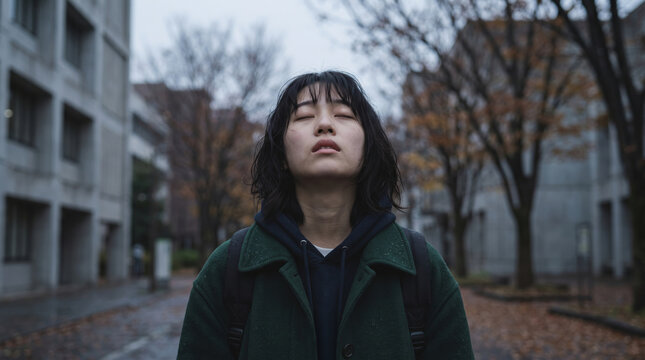 キャンパスで目を閉じて空を見上げる不安や悩みを抱えた学生