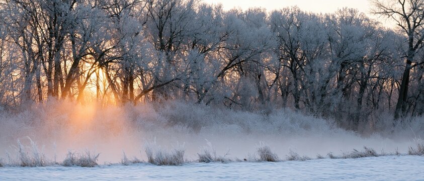 The Sunrise Over Snowy Forest At Dawn With Lowlying Mist And Trees