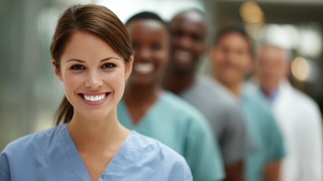 Diverse Medical Team Portrait: A confident female medical professional smiles at the camera, leading a line of diverse colleagues in scrubs and lab coats, representing a united front in healthcare.