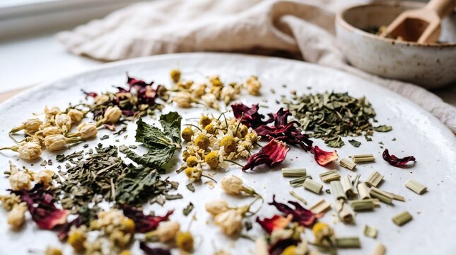 Assorted dried herbal tea leaves and flowers arranged on a white ceramic plate.