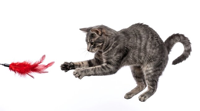 Tabby cat pouncing on a red feather toy, playful kitten hunting isolated on white background