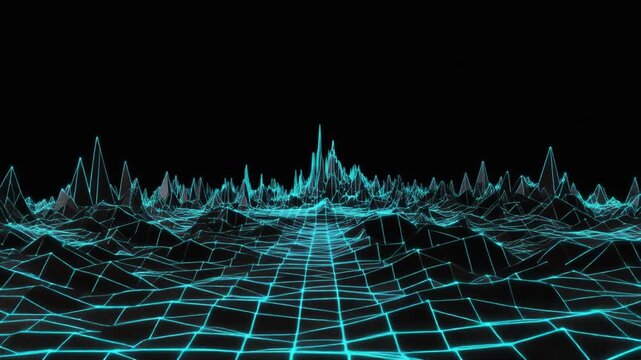 Abstract Neon Wireframe Landscape, Digital Grid Terrain, Futuristic Sci-Fi Background