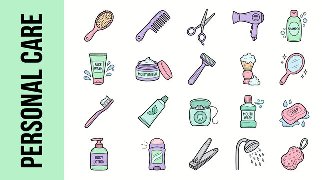 Set of colorful personal care and hygiene icons for beauty and grooming routine.