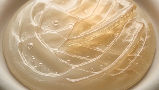 Macro closeup of translucent golden honeylike gel with smooth glossy surface delicate bubbles layered folds creamy amber tones soft illumination viscous texture flowing material cosmetic formulation 