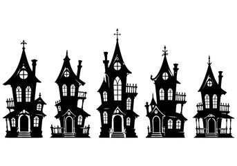 Fototapeta premium A collection of five spooky gothic style haunted house silhouettes isolated on a white background perfect for halloween decorations and creative graphic design project themes