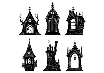 Fototapeta premium A collection of six hand drawn gothic architectural elements including spooky houses towers chimneys and arched gateways in a dark black and white ink style