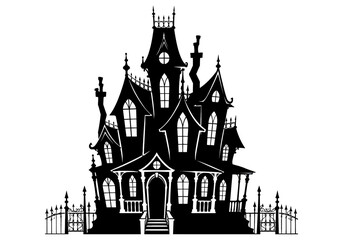 Fototapeta premium A detailed black silhouette of a spooky victorian haunted mansion with tall spires and an iron fence isolated on a plain white background for design