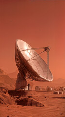 Fototapeta premium Satellite dish antenna on red desert planet surface. Large parabolic receiver at research base in landscape similar to Mars.