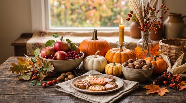 Autumn harvest table setting with fresh pumpkins apples nuts and cookies for thanksgiving celebration near a window in a cozy rustic home interior