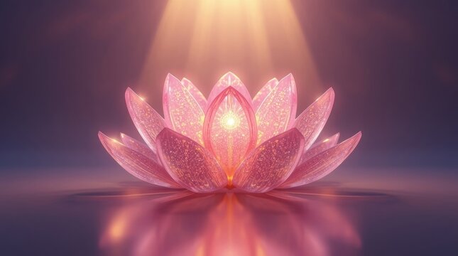 Glowing crystal lotus blossom radiating divine pink and golden light in ethereal 3d render