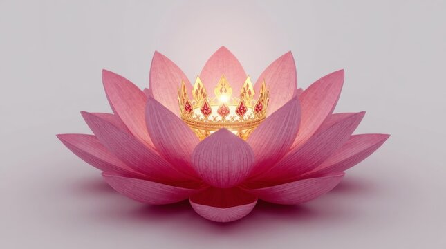 Ethereal glowing lotus flower with radiant golden crown centerpiece for spiritual