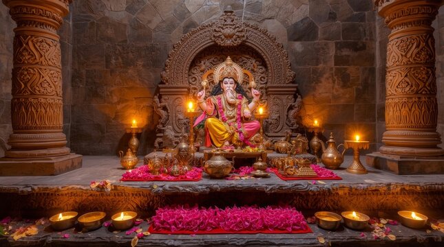 Intricate stone temple altar with devotional offerings and sacred figurine in warm glowing light