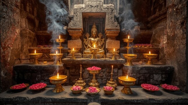 Sacred golden buddha statue surrounded by glowing brass oil lamps with temple with captures serene