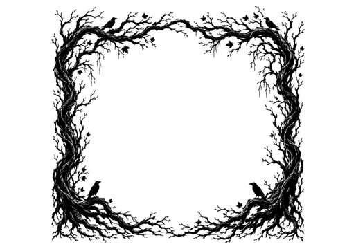 Square frame made of twisted dark tree branches and roots with perched crows on white background