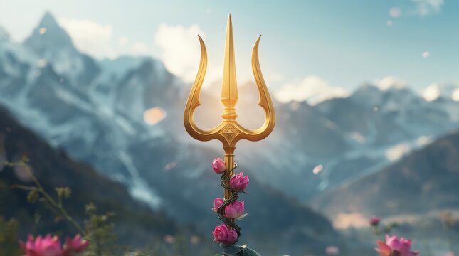 Luminous golden trident with pink floral wrap set against majestic mountain backdrop in cinematic