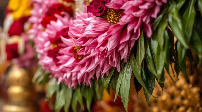 Close up of luxurious floral garland with pink lotus blossoms with showcases vibrant intricately