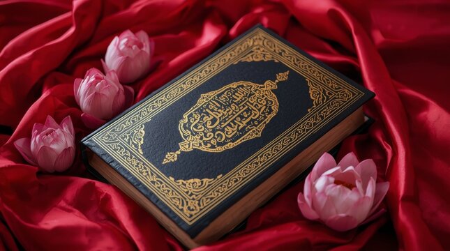 Sacred gold embossed manuscript book surrounded by fresh pink flowers on velvet cloth