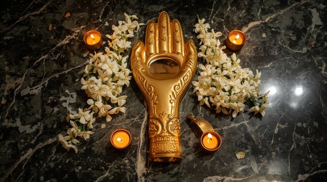Elegant golden hand sculpture centered with fresh jasmine flowers with captures serene intricately