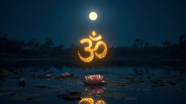 Glowing golden sacred symbol floating over serene moonlit lotus lake at night with sacredgeometry