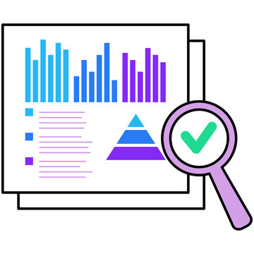 Flat style icon illustration of financial paper reports with bar charts and magnifying glass isolated on transparent background. Graphic design element clip art for business audit assets.