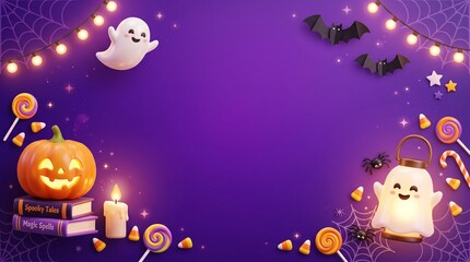 Fototapeta premium Cute halloween background with smiling ghosts, carved pumpkin, candy, and fairy lights on a dark purple backdrop