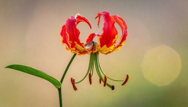 Blooming flame lily on green stem. Gloriosa superba fresh exotic blossom showing intricate details of its stamen and vivid petals.