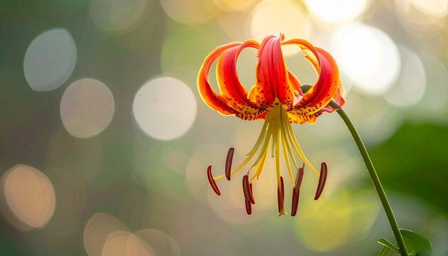 Flame lily with green nature bokeh. Gloriosa superba elegant tropical flower highlighting its distinct shape against blurred background.