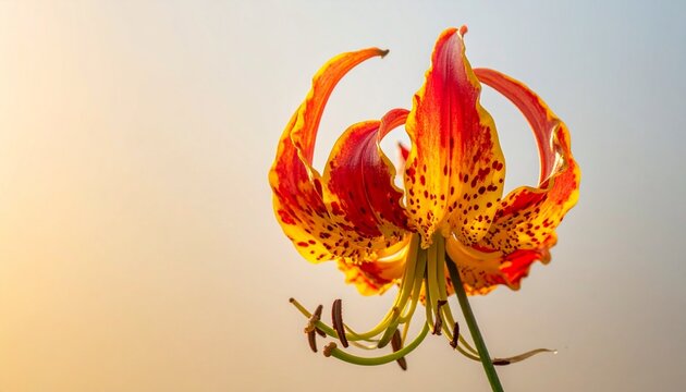 Exotic flame lily blossom detail. Gloriosa superba beautiful blooming flora with vibrant red and yellow textured petals.