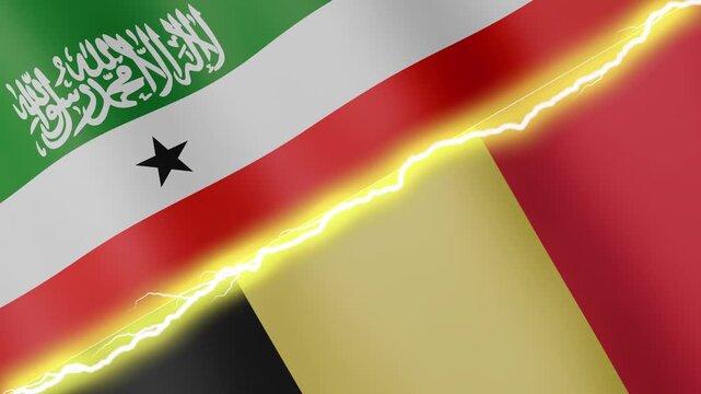 Two waving flags Somaliland and Belgium with diagonal lightning seamless, 4k loop