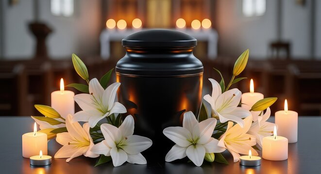 Somber black urn placed with blooming white lilies and warm burning candles against a blurred church interior background for a memorial day, blooming, burning, white
