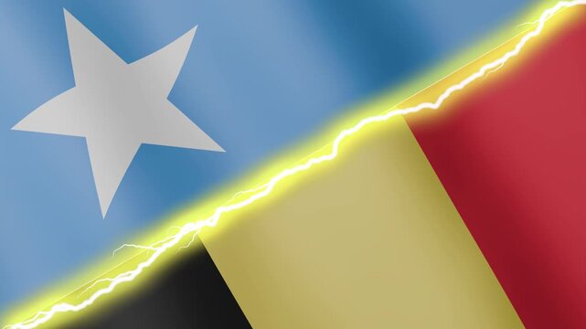 Two waving flags Somalia and Belgium with diagonal lightning seamless, 4k loop