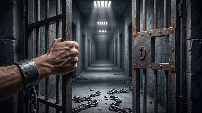 Prisoner hand in metal shackle opening cell door. Incarceration and criminal justice concept in dark jail corridor.