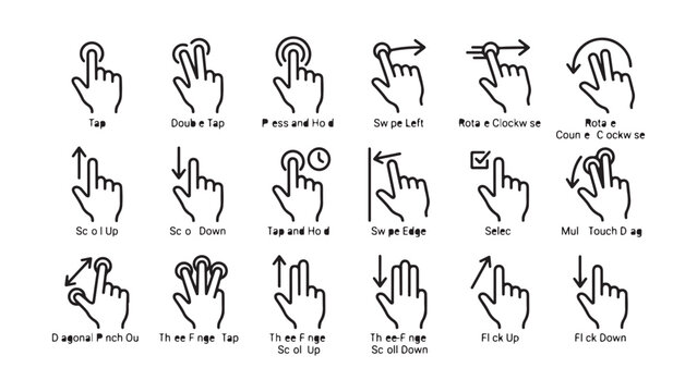 Touch screen hand gestures vector icon set, mobile interface interaction signs with text labels