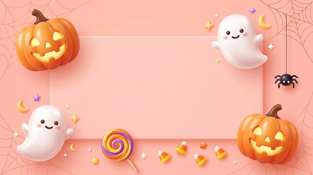 Cute halloween background with smiling ghosts pumpkins and candy on a soft pink surface with copy space for text