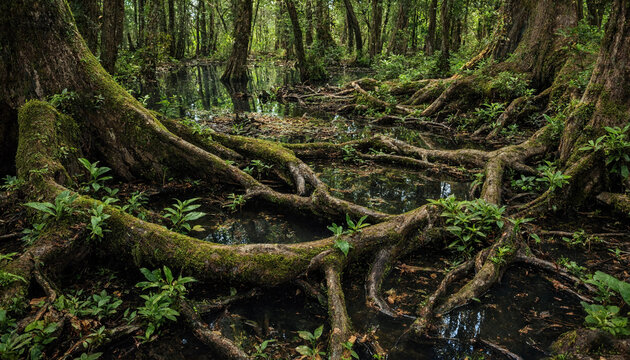Dense swamp forest with tangled tree roots covered in green moss extending into dark still water in a humid tropical jungle environment