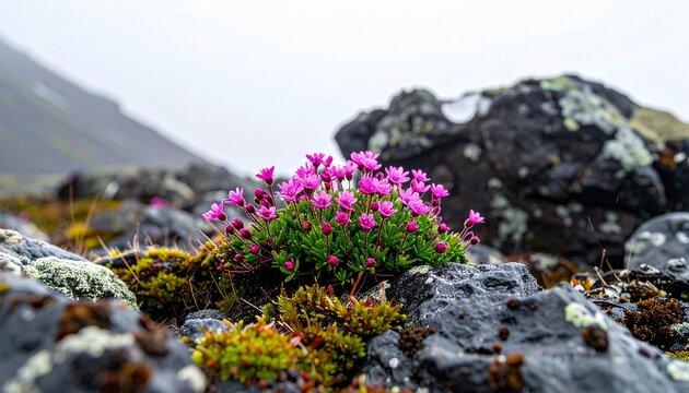 Pink moss campion blossoms. Vibrant pink silene acaulis flowers thriving in a harsh rocky alpine environment.