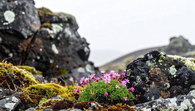 Alpine silene acaulis flowers. Cluster of bright pink silene acaulis wild flowers growing on rocky mountain terrain.
