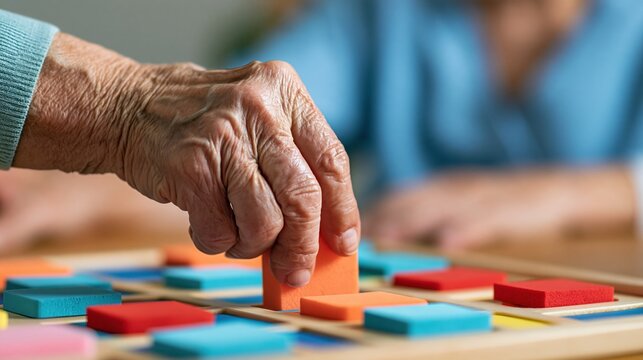 Senior hand placing wooden block in colorful puzzle game