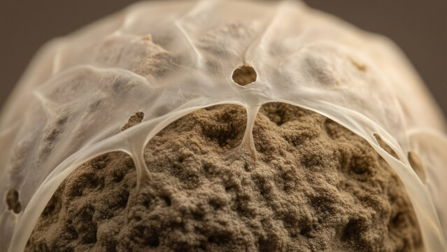 Macro closeup of unusual organic surface showing translucent white membrane stretched across rough brown textured material with delicate webbing thin strands porous openings soft folds natural growth 
