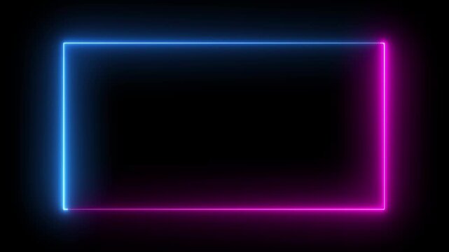 Neon glowing rectangular border frame with moving pink and blue light trails on black background rectangle 4k video .