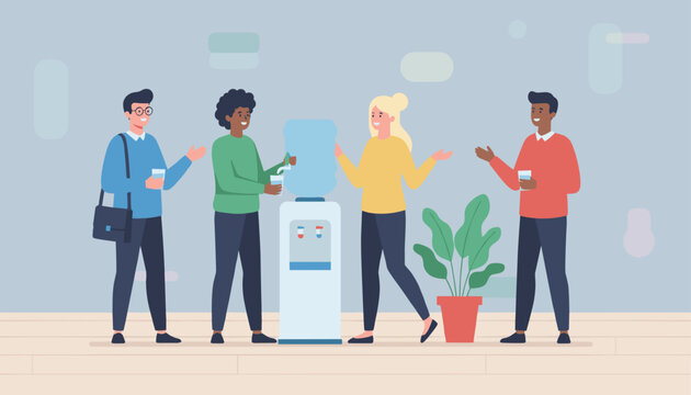Diverse group of happy office workers chatting and socializing around a water cooler dispenser during their work break.