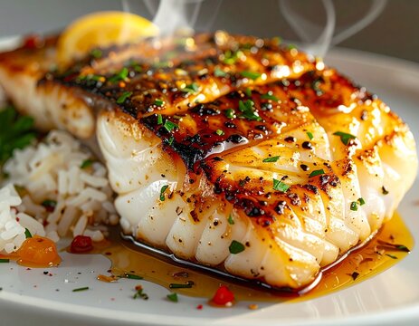 Macro grilled fish fillet texture. Authentic barramundi roasted white seafood steak showing charred crust and juicy meat with herbs.
