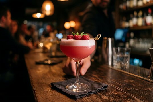 A pink cocktail garnished with raspberries on a wooden bar.