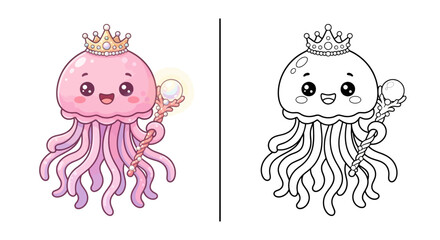 Obraz premium Cute kawaii jellyfish princess pearl crown staff ocean kids coloring page vector
