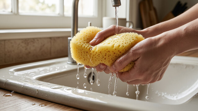 Hands washing yellow sponge under running water beside kitchen sink showing household cleaning routine domestic hygiene sanitation dishwashing water usage sustainable housekeeping fresh clean home 