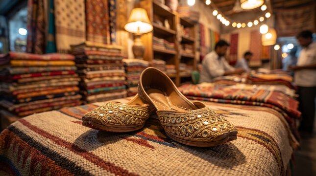 Traditional Indian jutti shoes with ornate golden embroidery and mirror work displayed on ethnic textiles in a vibrant local market stall.