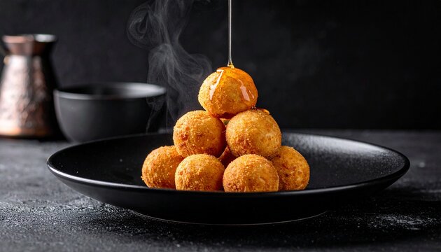 Stack of glazed fritters, Traditional Kazakh Baursak fried dough dessert stacked on a black plate with dripping syrup.