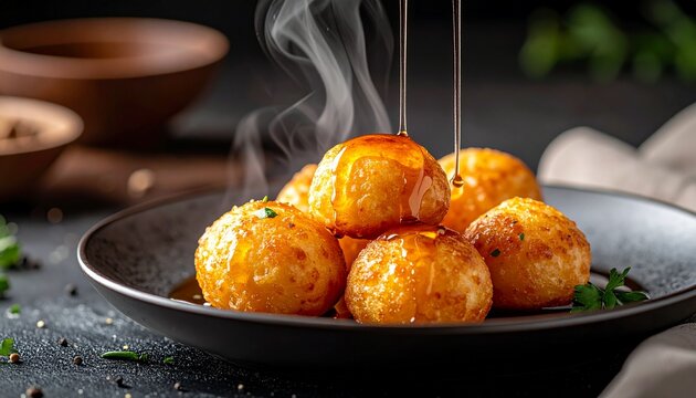 Steaming golden dough bites, Freshly fried authentic Baursak pastries steaming hot with a delicate drizzle of sweet honey.